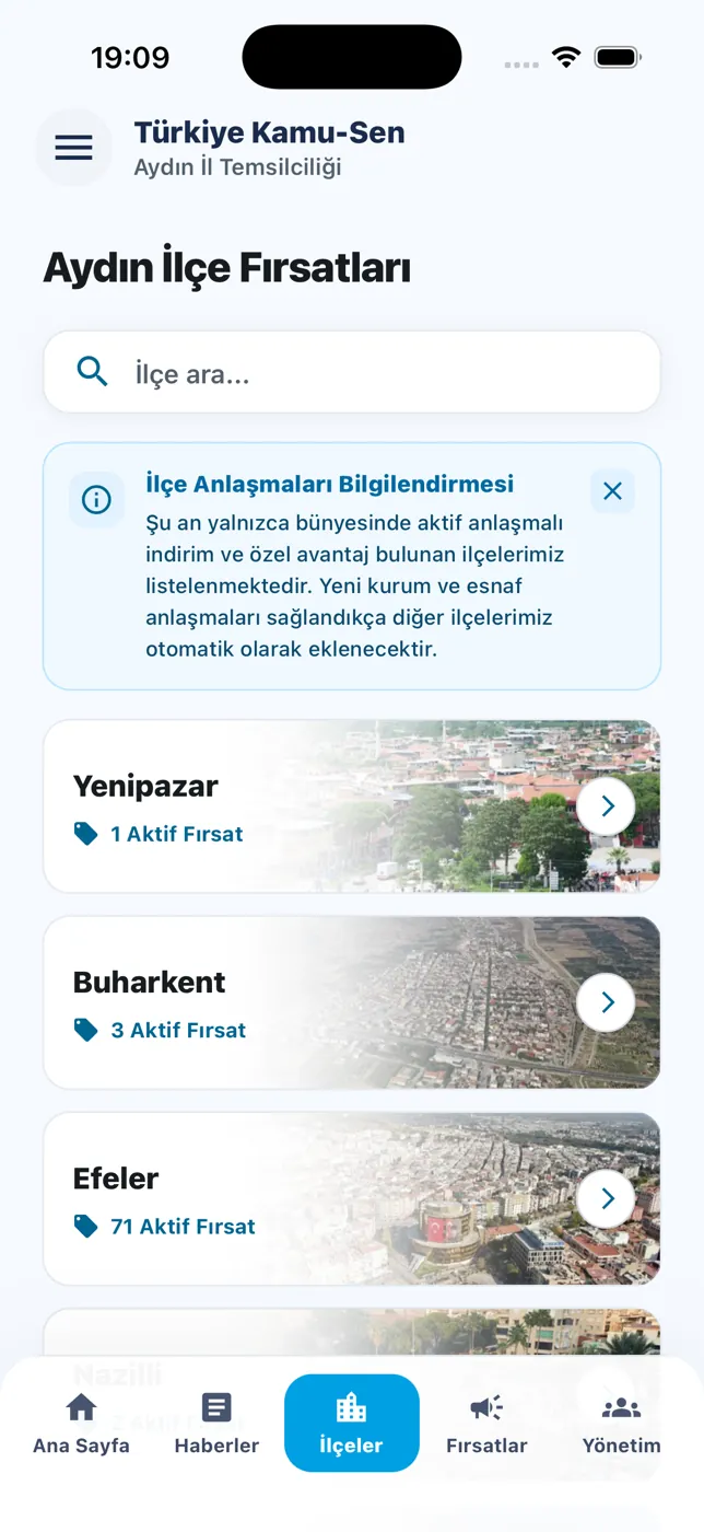 İlçeler ekranı
